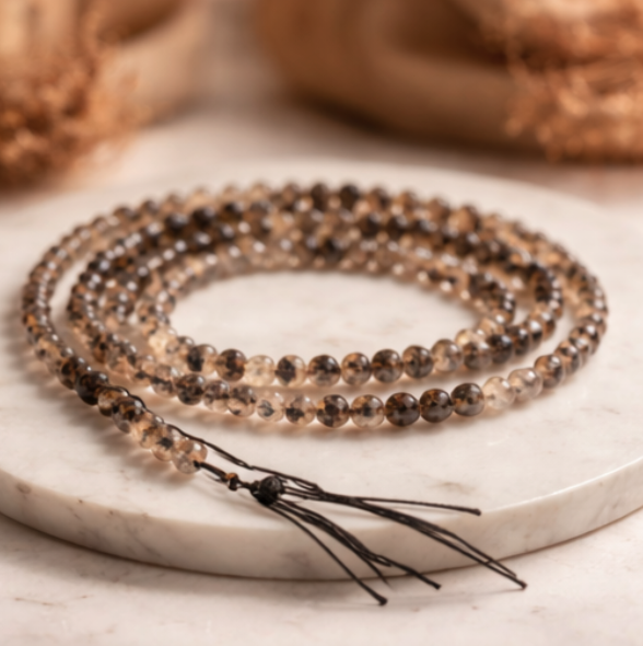 Grounding Smoky Quartz 108 Bead Mala Necklace – Protection & Root Chakra Healing